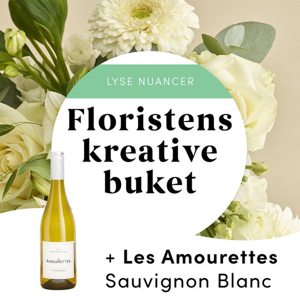 Floristens kreative buket i hvide nuancer med hvidvin